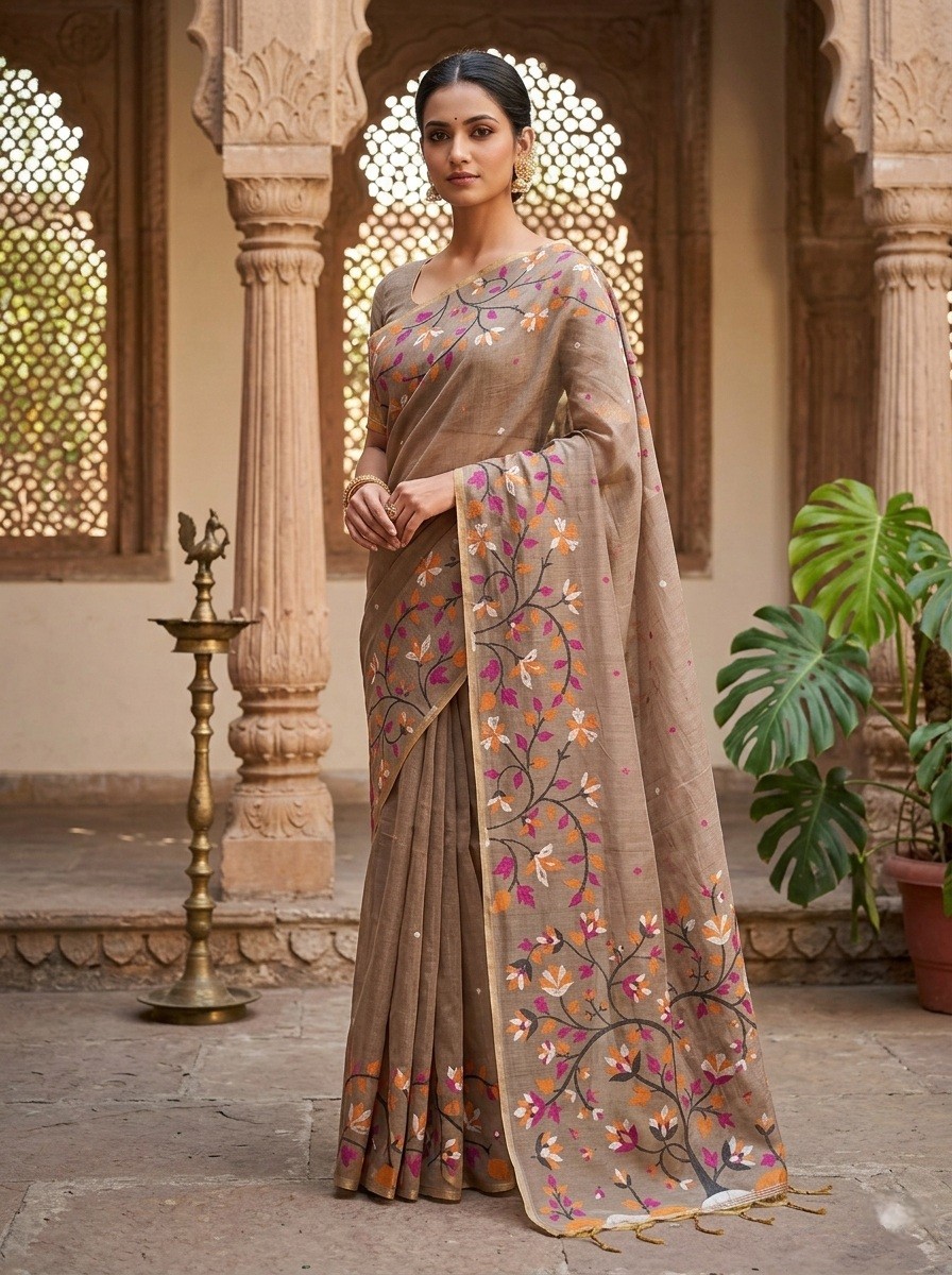 Rustic Flora Muga Jamdani Saree-Light Brown