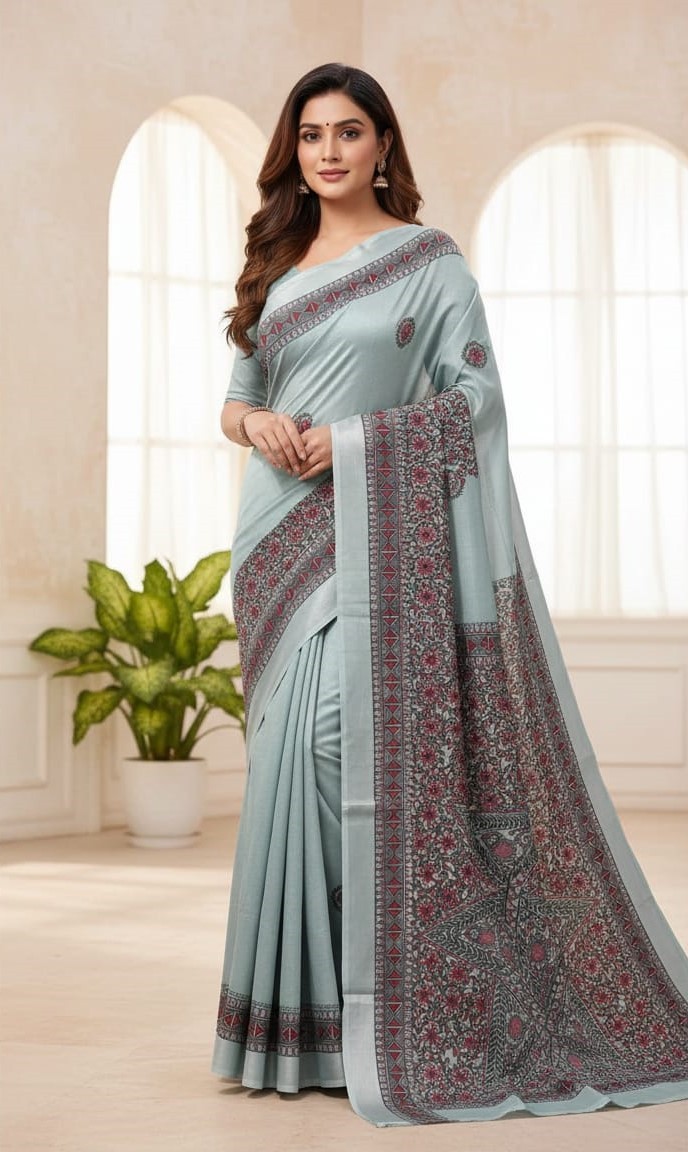 'PhoolChitra' Dusty Blue Hand Painted Madhubani Blend Saree