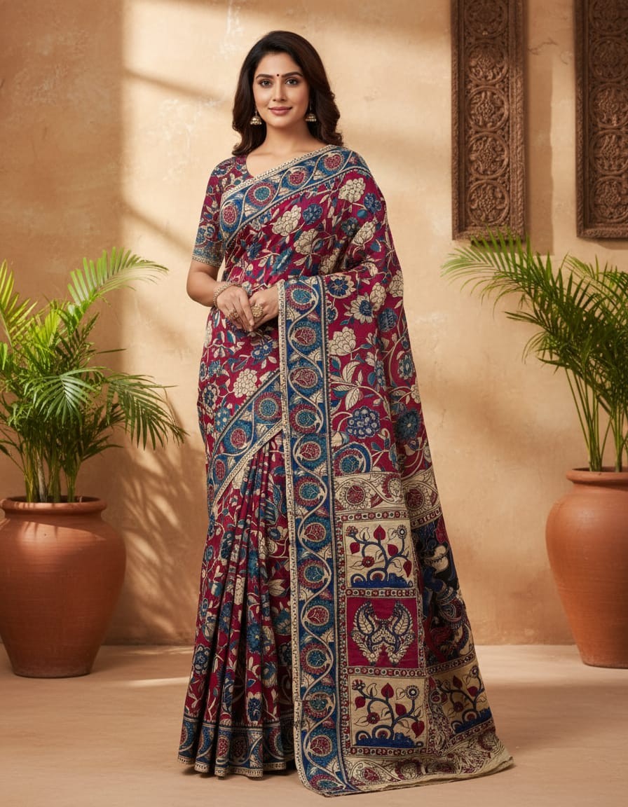'Kusumaprabha' Brick red canvas cotton Kalamkari Saree