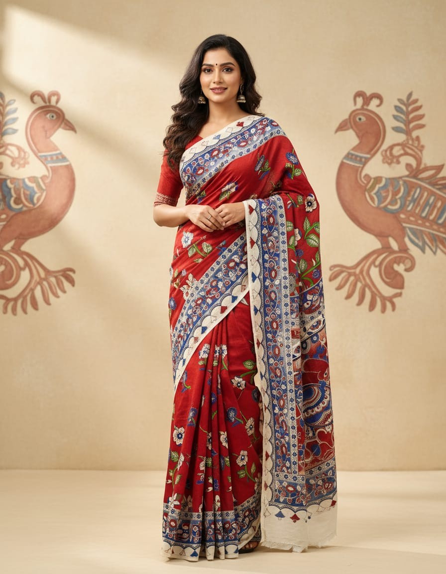 'Mayura-Ragini' Candy Red canvas with Peacock motifs cotton Kalamkari Saree