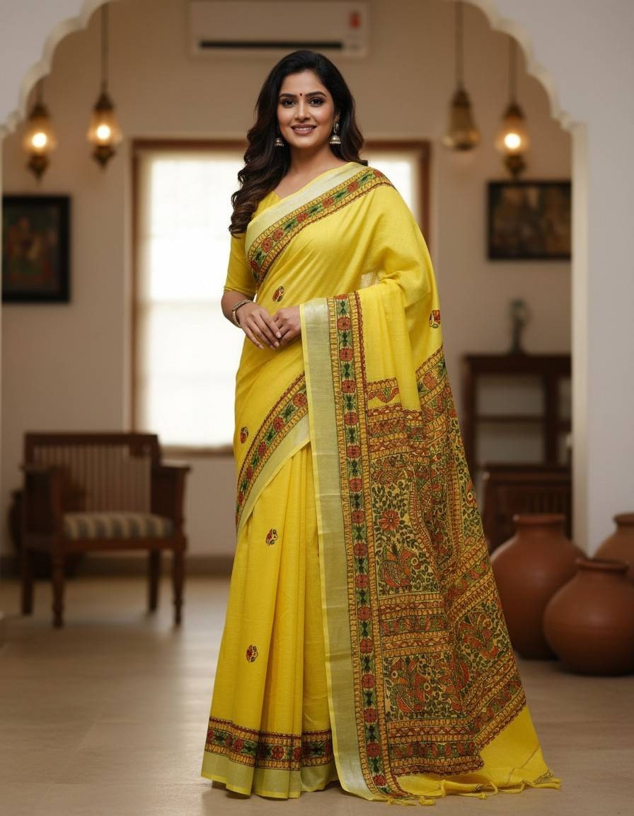 'Meen mayuri' Yellow Hand Painted Madhubani Blend Saree