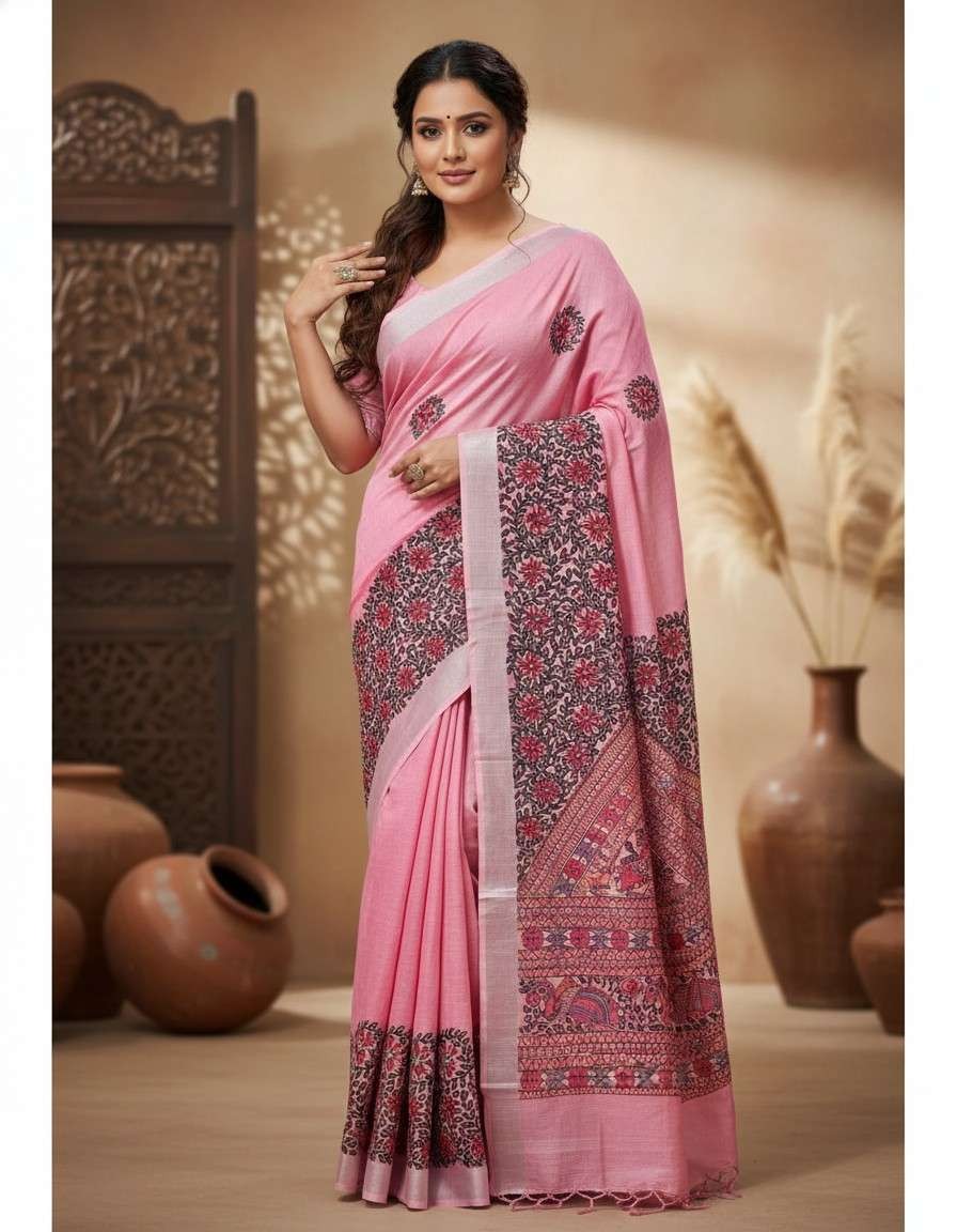 Floral Motifs Pink Hand painted Madhubani Blend Saree