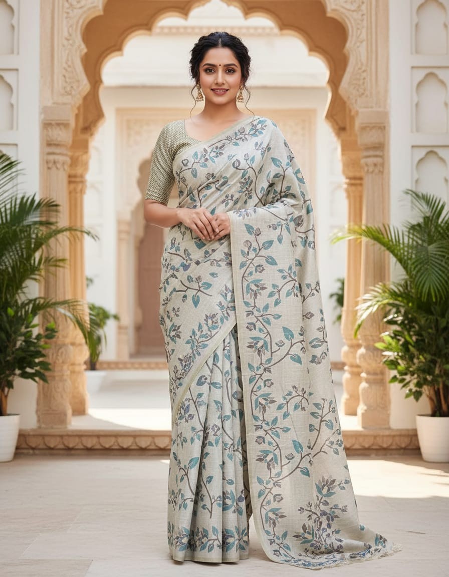 Floral Art Jamdani Saree - Green Blossom