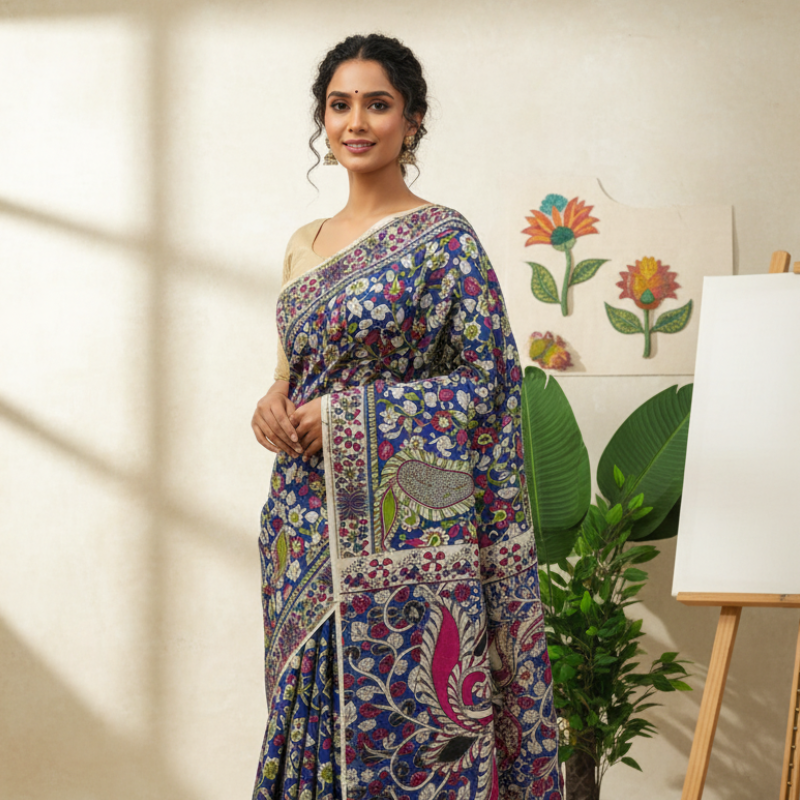 'Mayurakanta' Deep Blue Base with Peacock & Floral Motifs cotton Kalamkari Saree