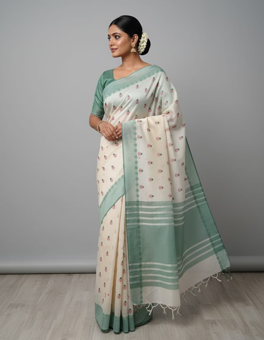 Hand stitched Matka Silk With Rose Design