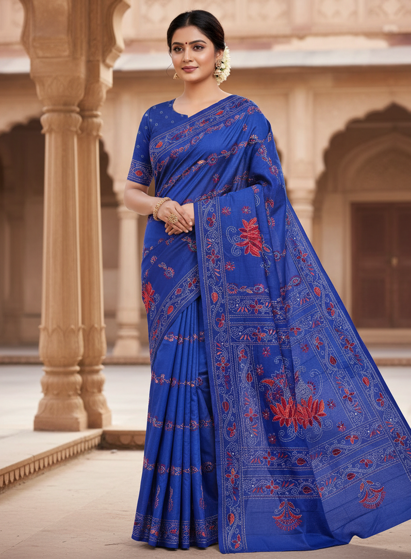 Bangalore Silk Blend Kantha Saree -Blue With Lotus Design