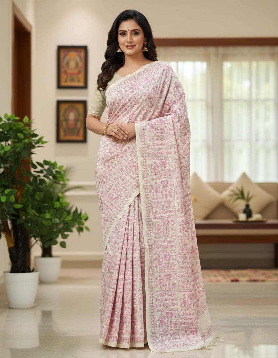 Bangalore Silk Kantha Saree - White base Pink stitch