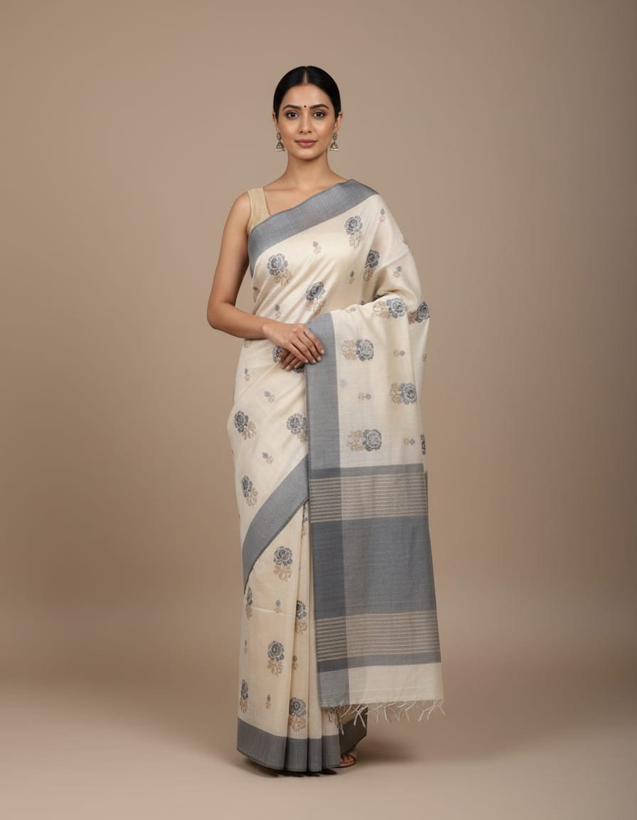 Hand stitched Matka Silk with Grey Border – Rose Design
