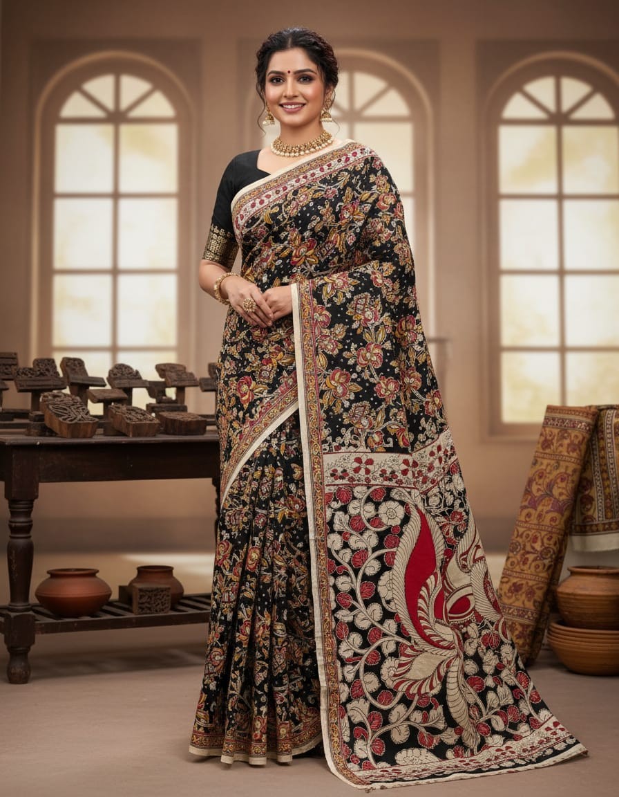 'ShyamKamala' Black Canvas with Floral design cotton Kalamkari Saree