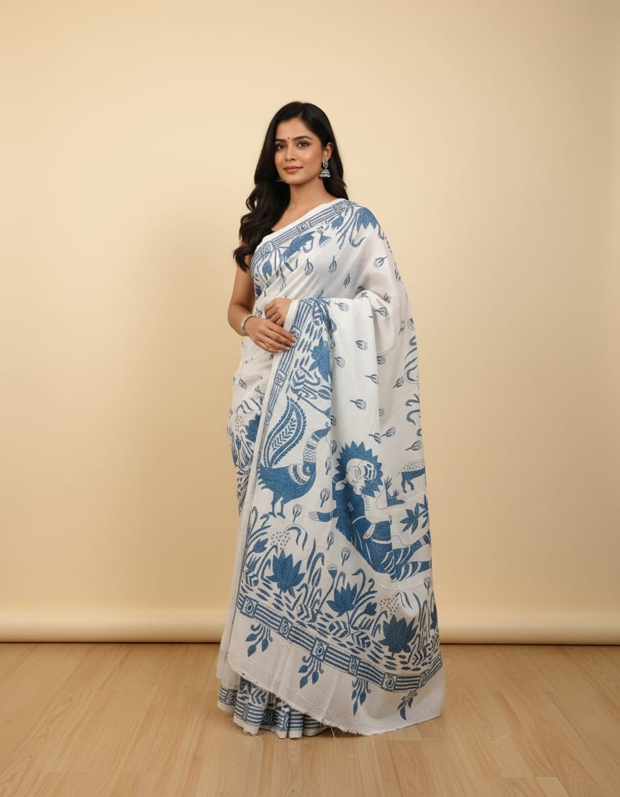Lotus Lagoon on white Bangalore Silk Kantha Saree