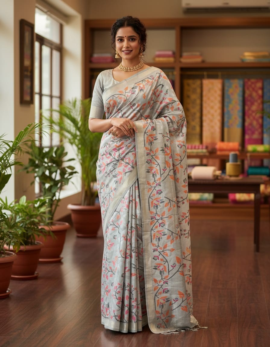 Floral Art Jamdani Saree - Orange Blossom