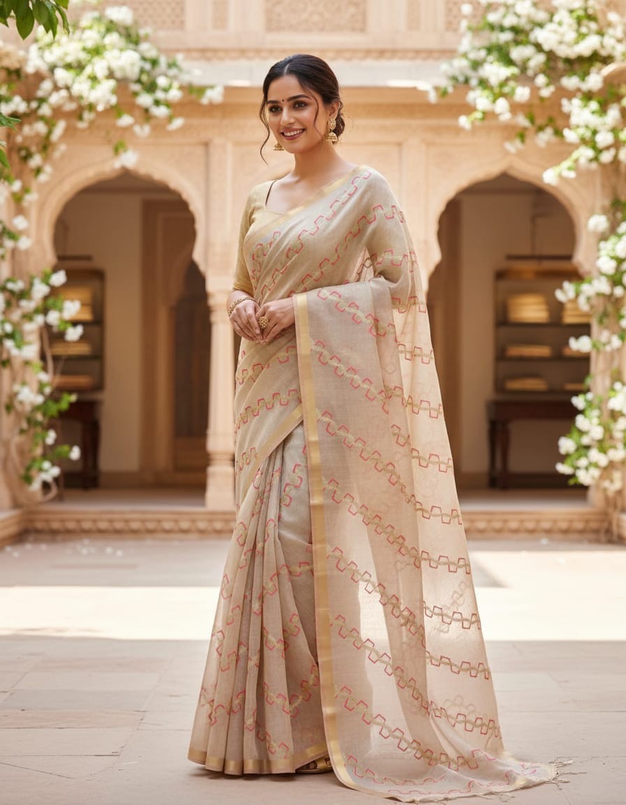 Chain Line Muga Jamdani Saree – Pink, Yellow