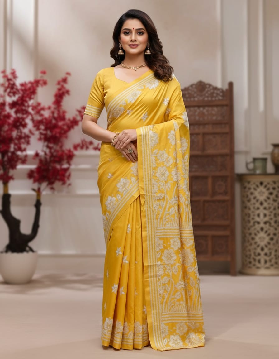 Golden Daisy Bangalore Silk Kantha Saree