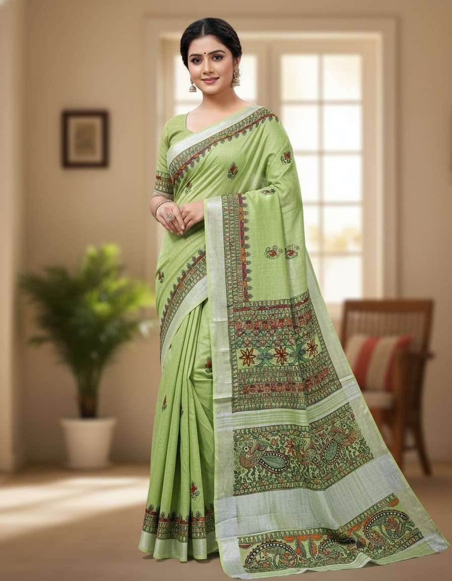 'Matsya Leela' Mint Green Hand painted Madhubani Blend Saree