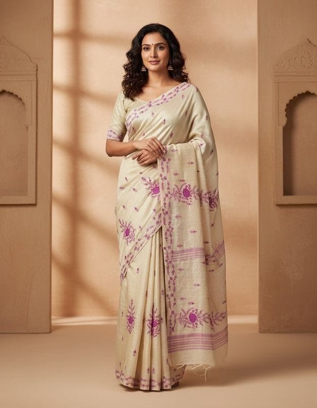 Hand Stitched Nakshi Kantha Saree - Baby pink