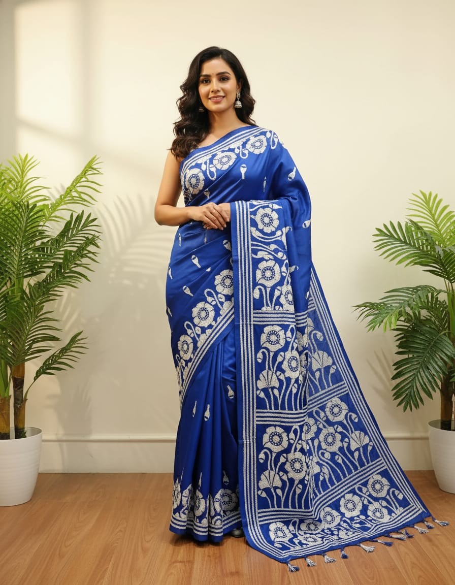 Floral Carnival of Blue Bangalore Silk Kantha Saree