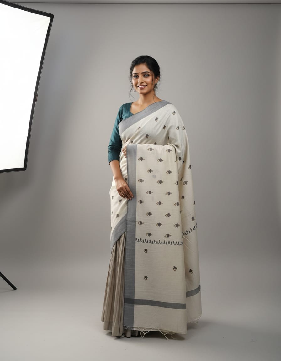 Hand stitched Matka Silk With Grey Border - Hibiscus Design