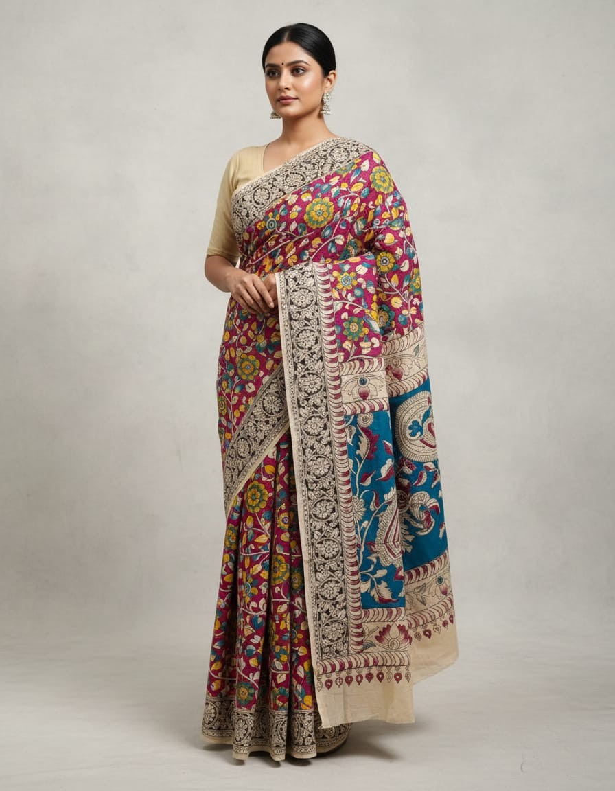 'Tamarparni' Crimson Red canvas with Floral design cotton Kalamkari Saree