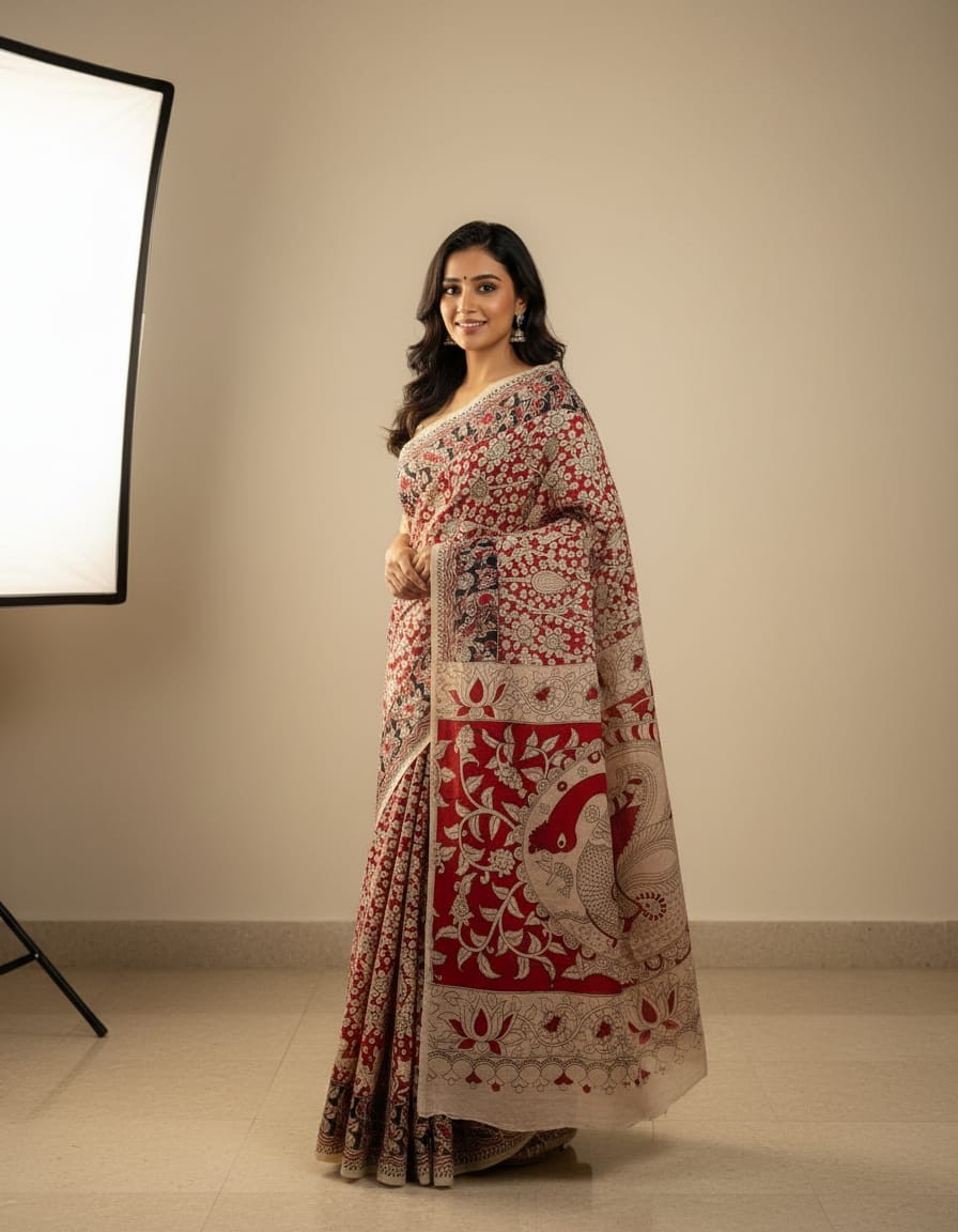 Red Canvas cotton kalamkari saree