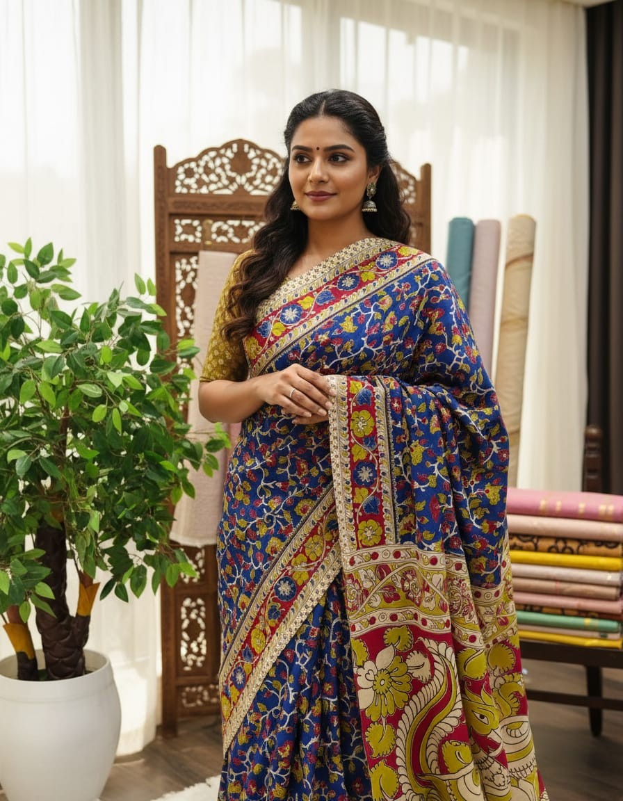 'Pushpavalli' Bright Blue canvas cotton Kalamkari Saree