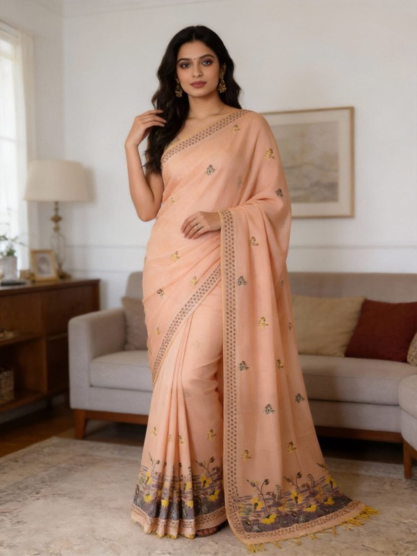 Floral Art Muga Jamdani Saree -  Peach