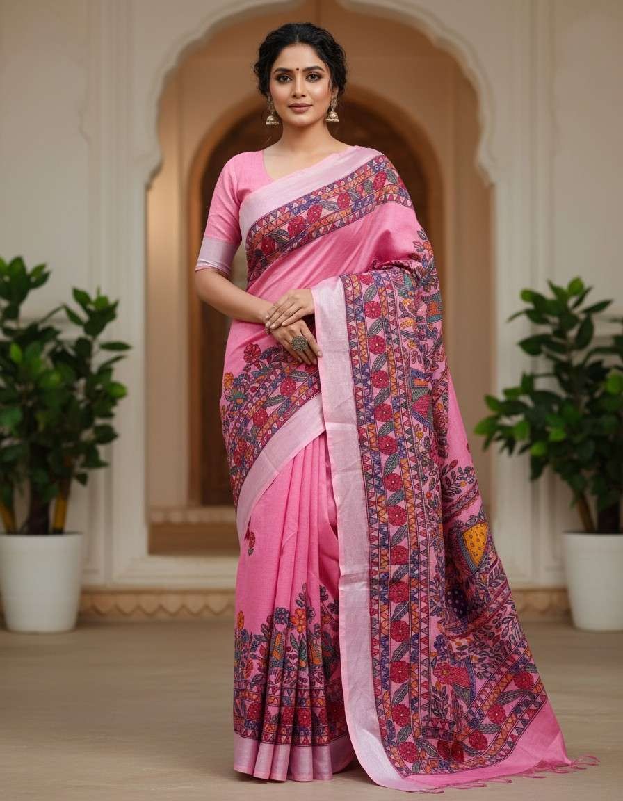 'Gulabi chitra' Light Pink Hand Painted Madhubani Blend Saree