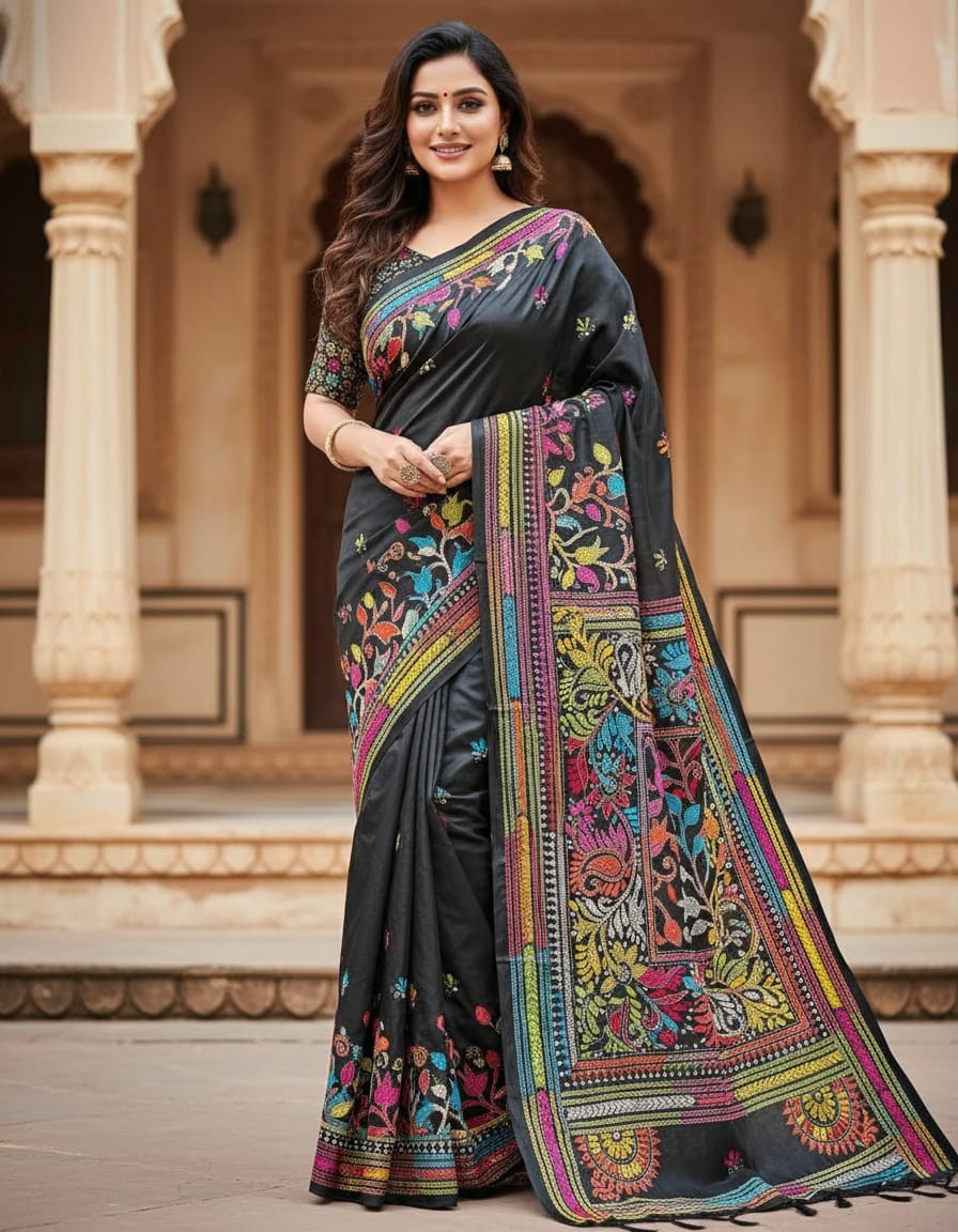 Bangalore Silk Kantha Saree - Multicolour stitched Black