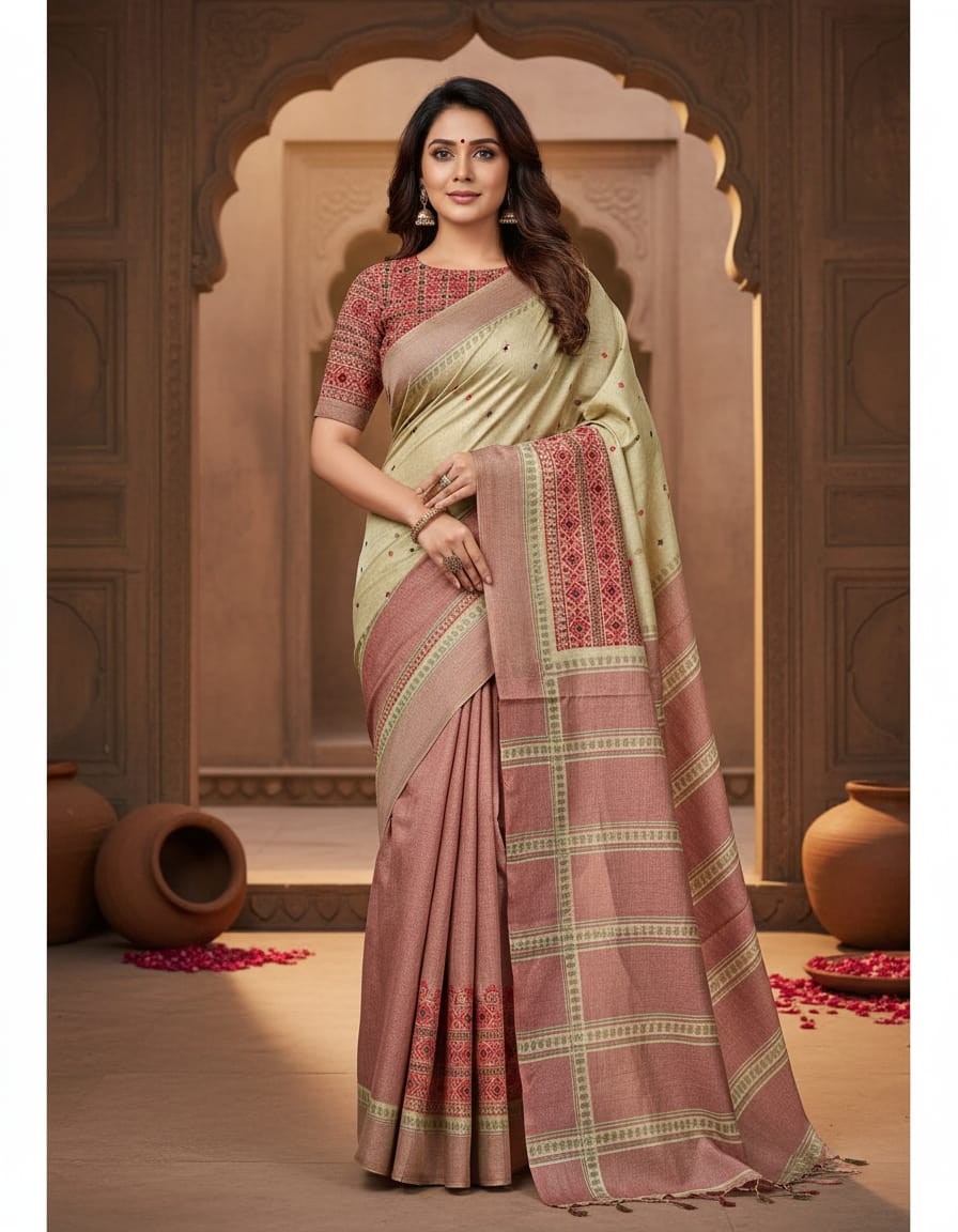 Riona Special Hand Stitched Assam Silk - Red Thread Border