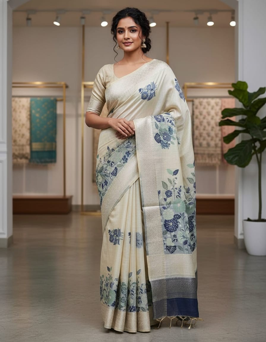 Off White Hue with Blue Floral Art Muga Jamdani Saree