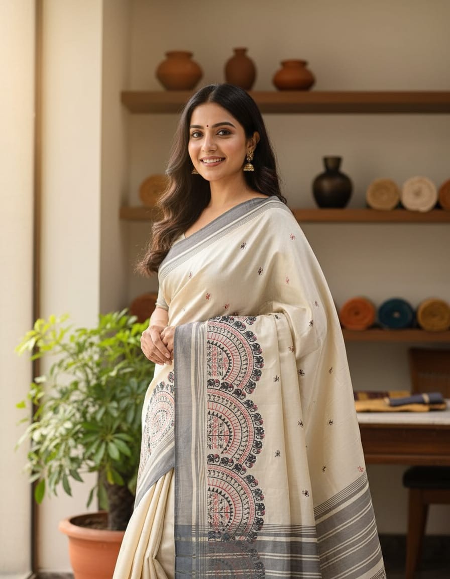 Hand Stitched Soft Tussar Silk with Black Border