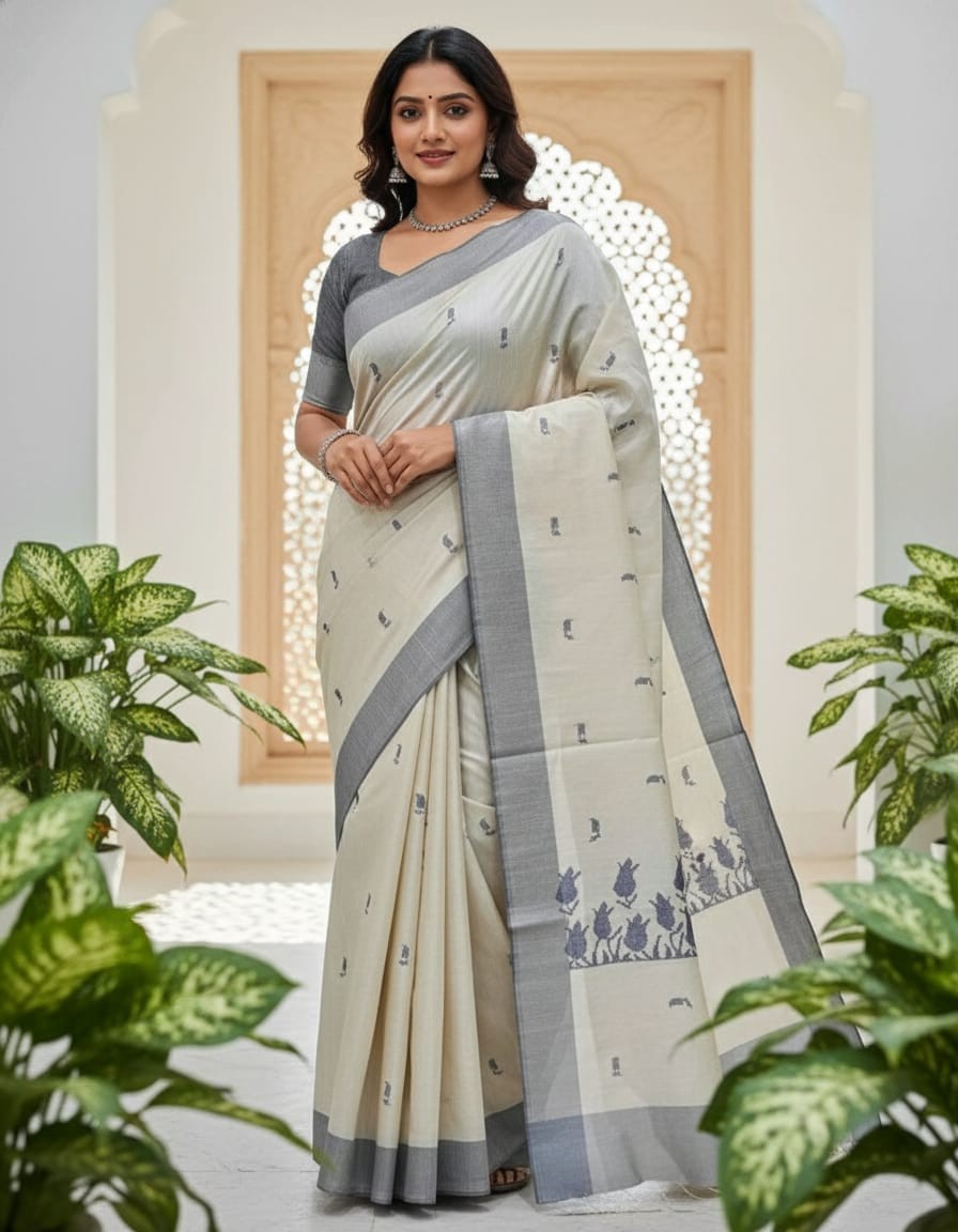 Hand stitched Matka Silk With Grey Border - Tulip Design