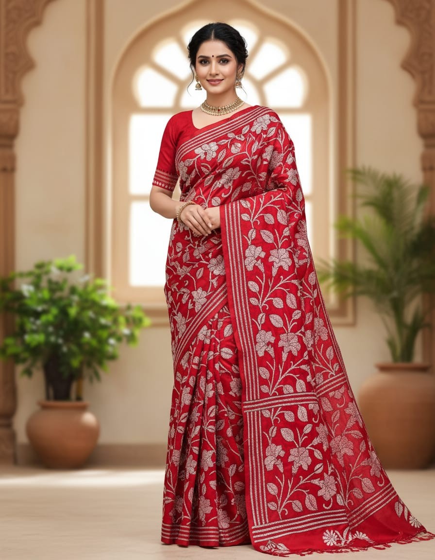 Cornetto Cut Bangalore Silk Kantha Saree - Red with White Floral Design