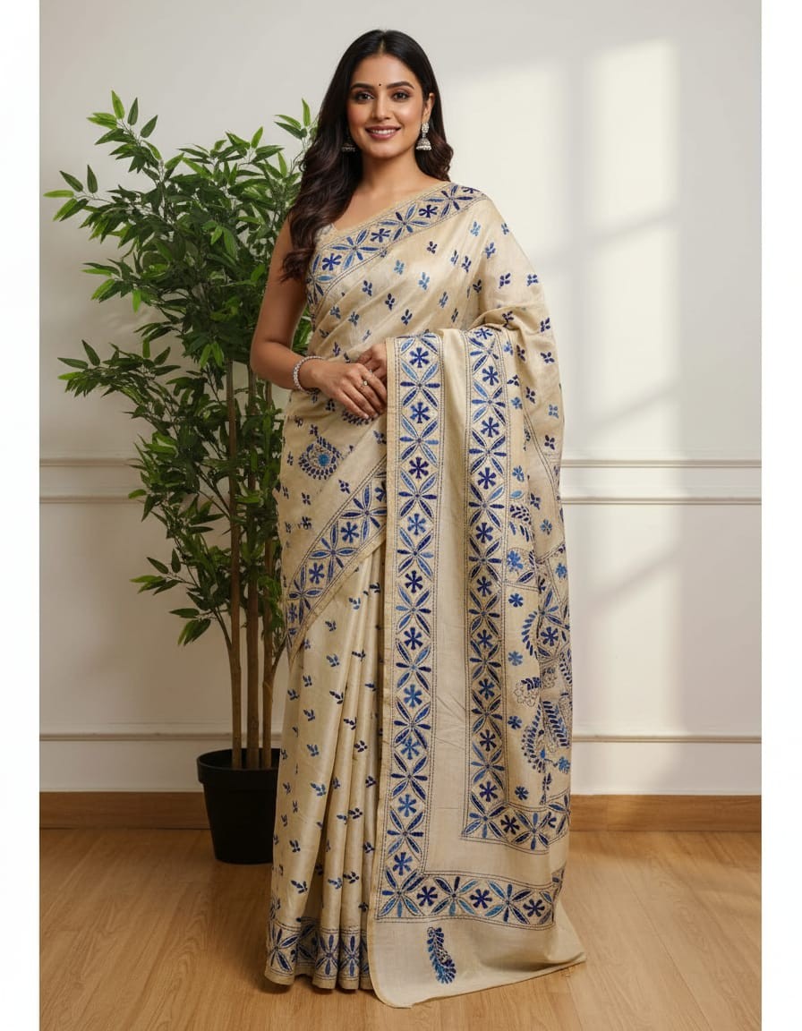 Hand stitched fragmented kadwa kantha saree – Blue Koyari