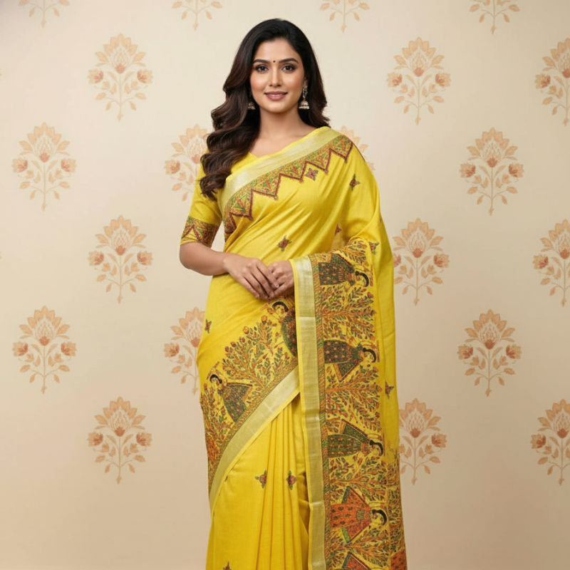 'Raasleela' Hand painted Madhubani Blend Saree