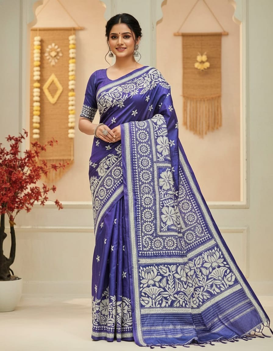 Bangalore Silk Kantha Saree - Shiny Blue