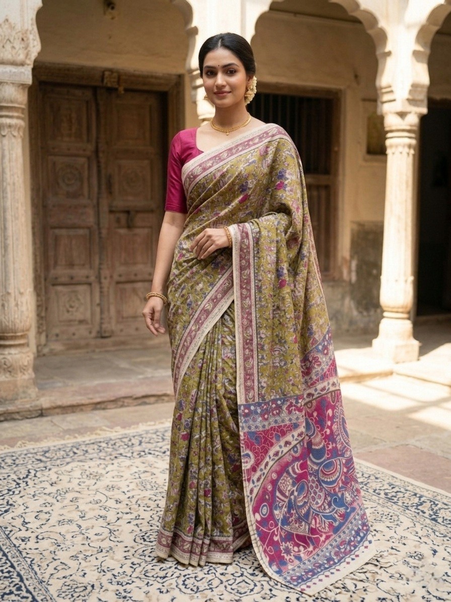 Narikatika Olive Green Nellore Silk Kalamkari Saree