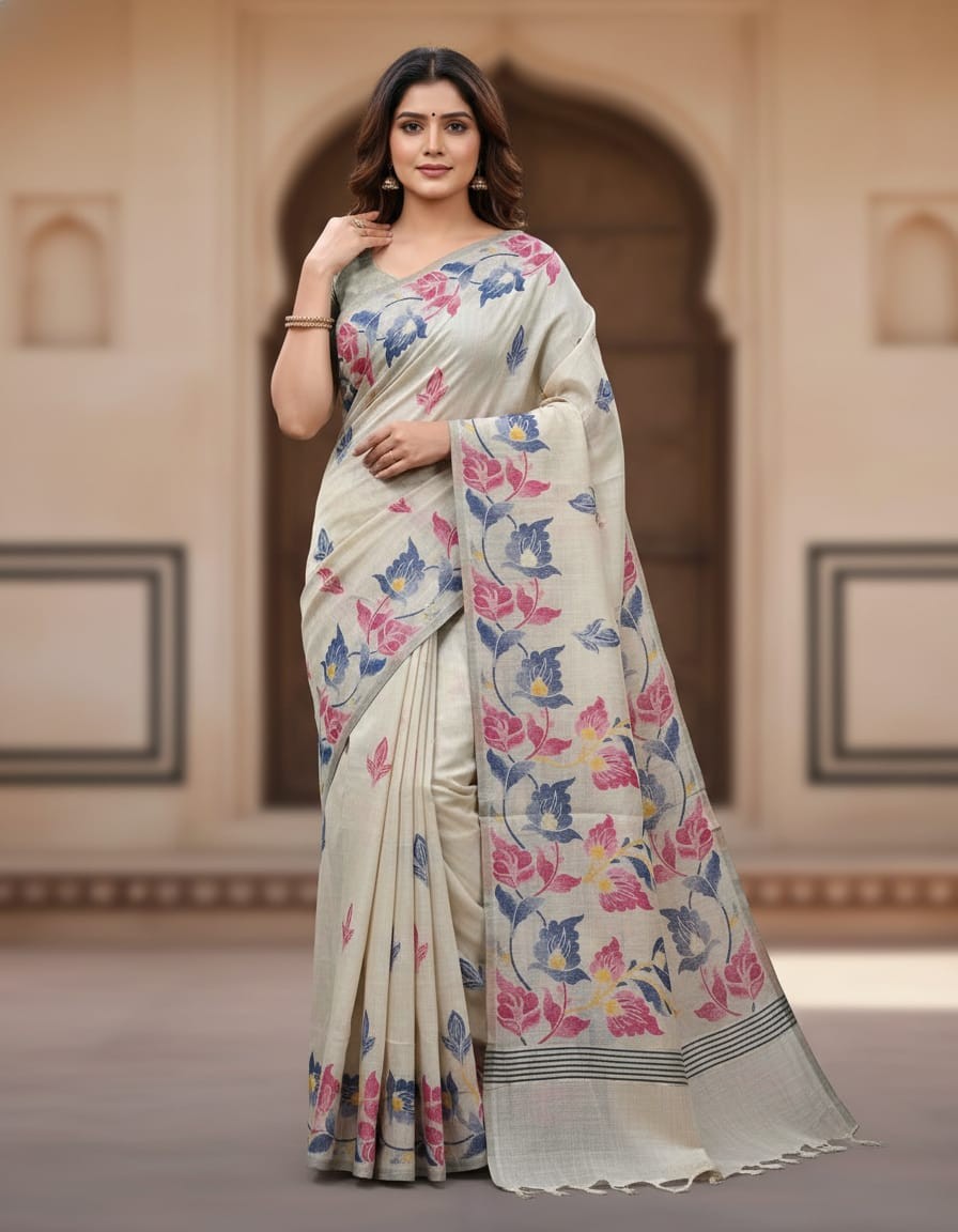 Red and Blue Mellow Petals Muga Jamdani Saree