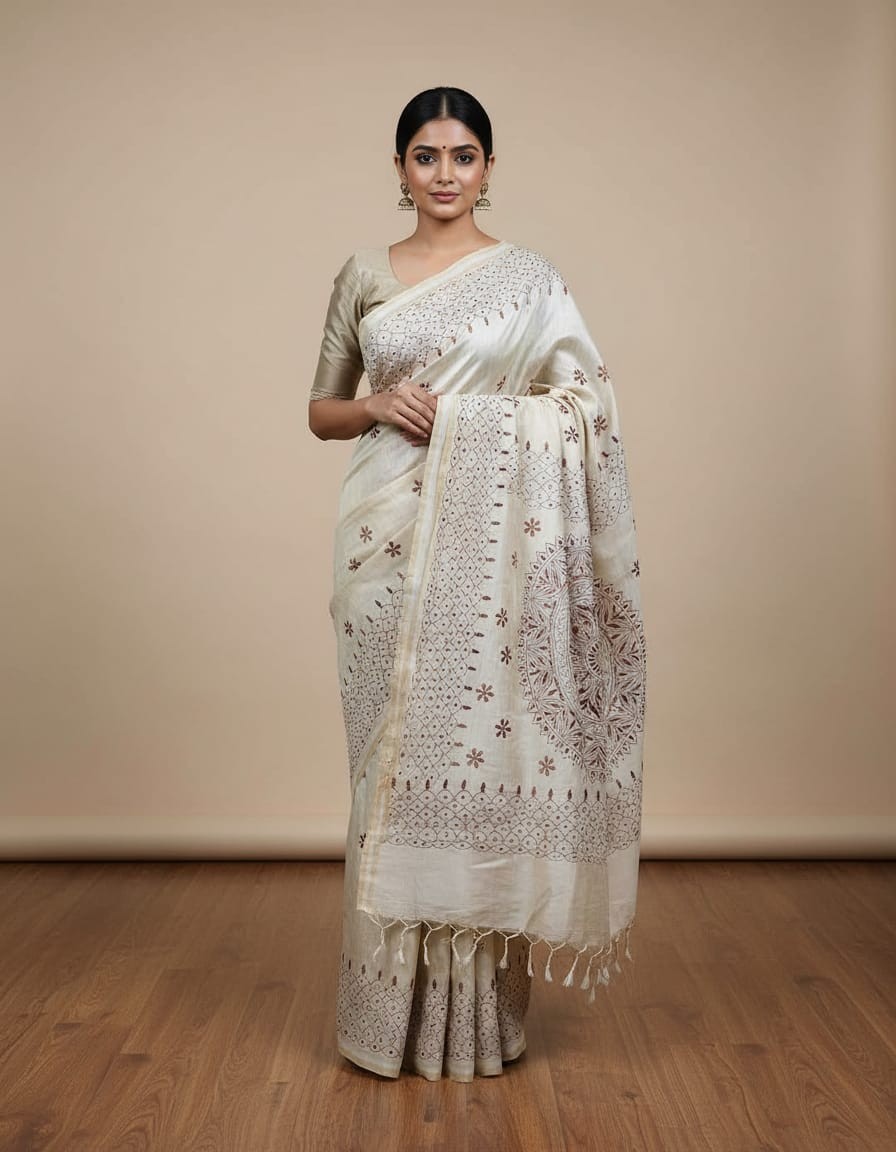 Hand Stitched Fragmented Kadhwa Kantha Saree- Brown