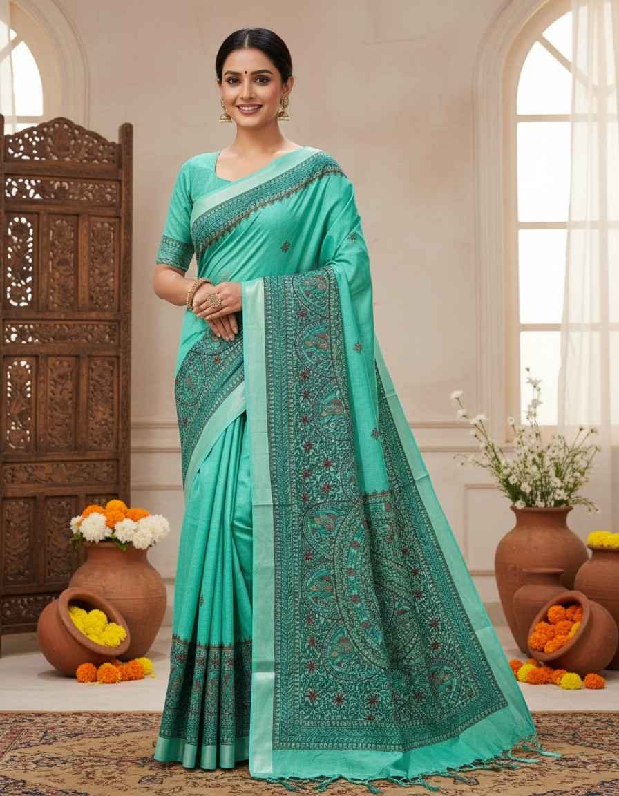 Hansagan Green Hand painted Madhubani Blend saree