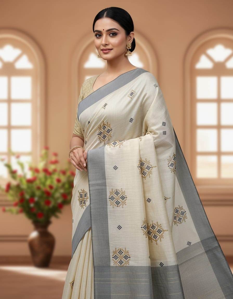 Hand stitched Matka Silk with Grey Border – Rangoli Design.