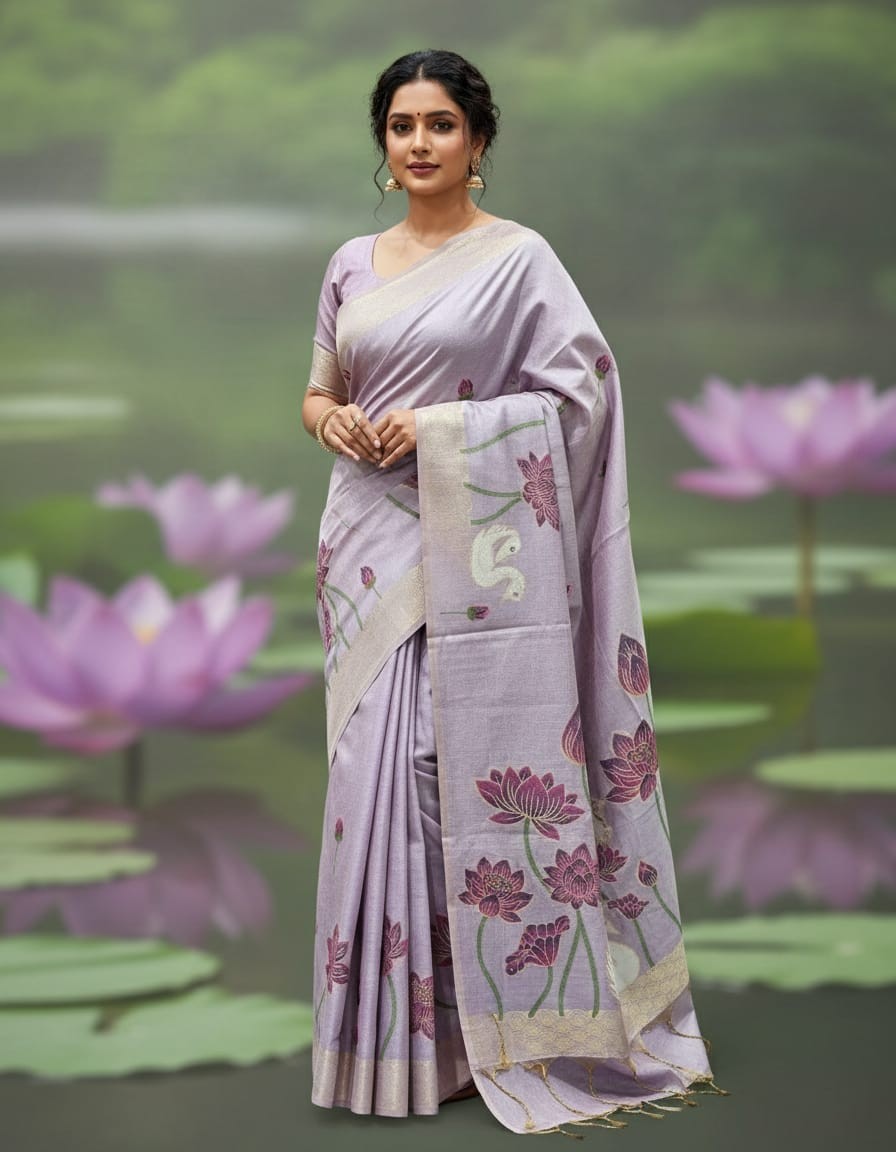 Lavender hansika Muga Jamdani Saree