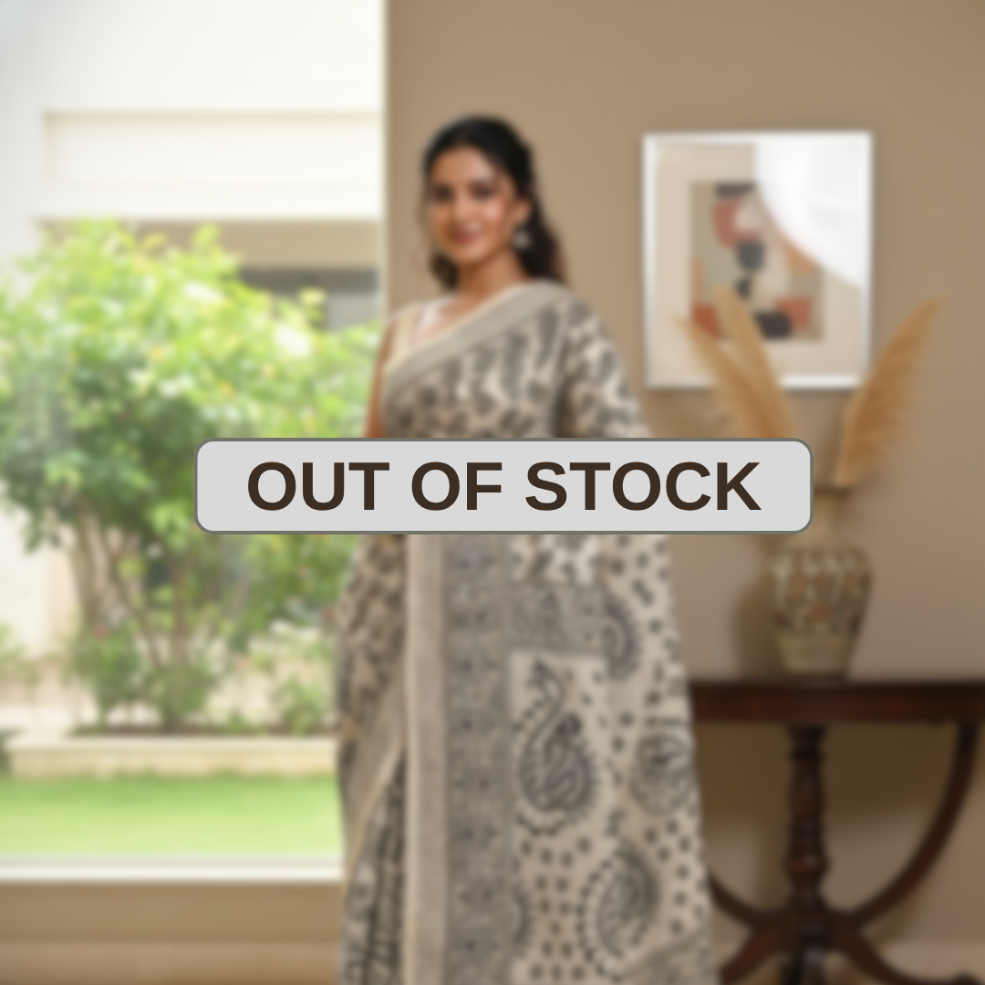 'Kumudini' Off White Canvas with Black Floral motifs  cotton Kalamkari Saree