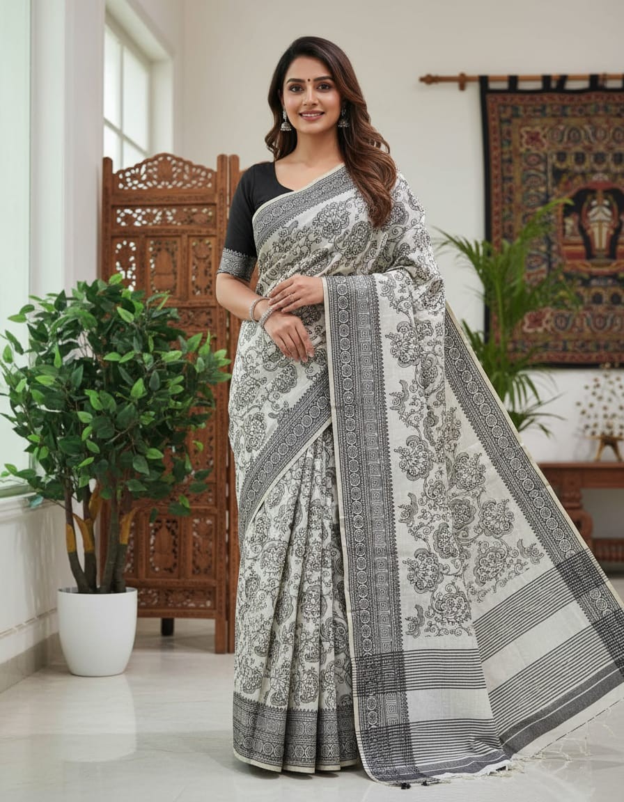 Black Thread Work Tussar Silk Saree - Floral Motifs