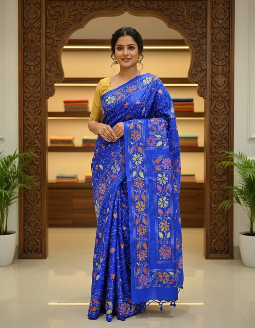 Bangalore pure silk Kantha Saree - Blue