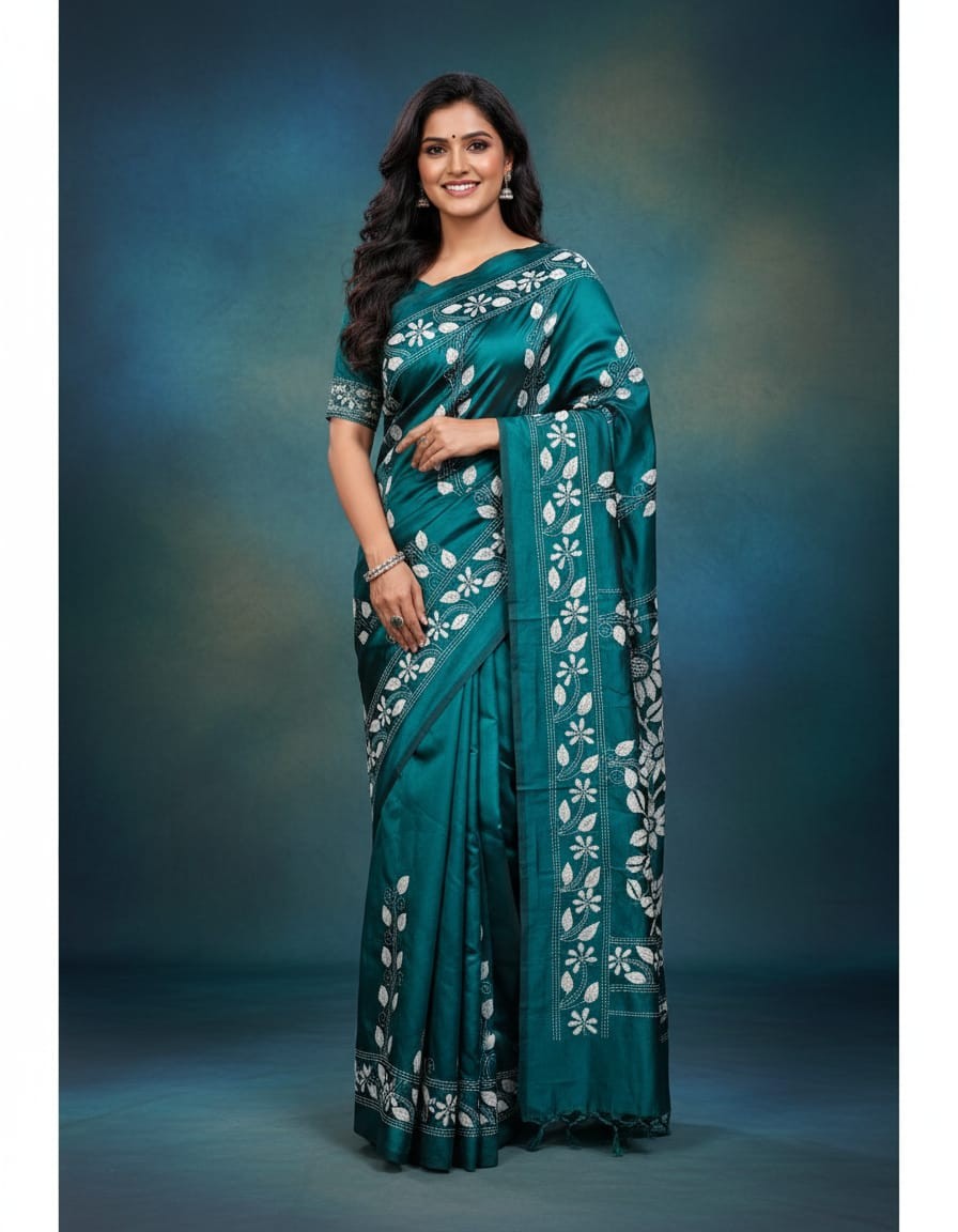 Bangalore pure silk Kantha Saree - Dark Teal Green