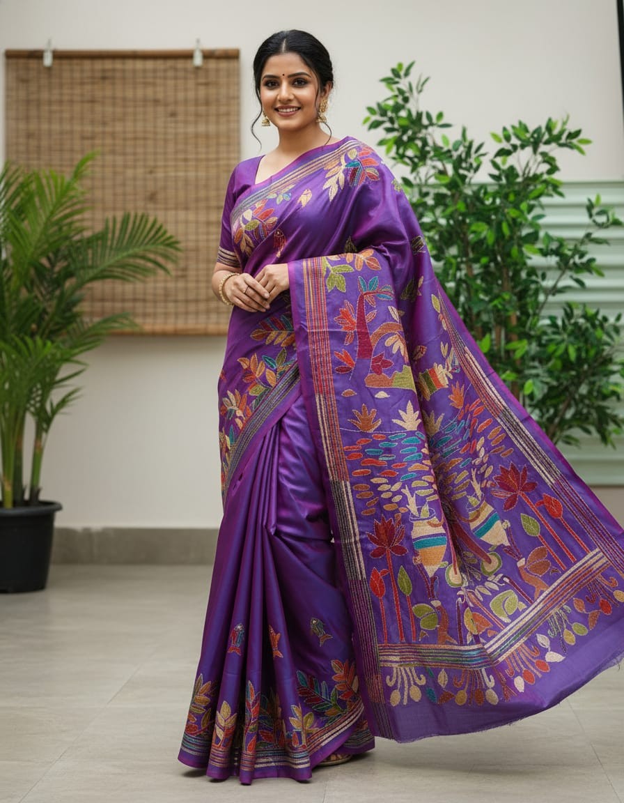 Violet Ocean Tale Bangalore Silk Kantha Saree