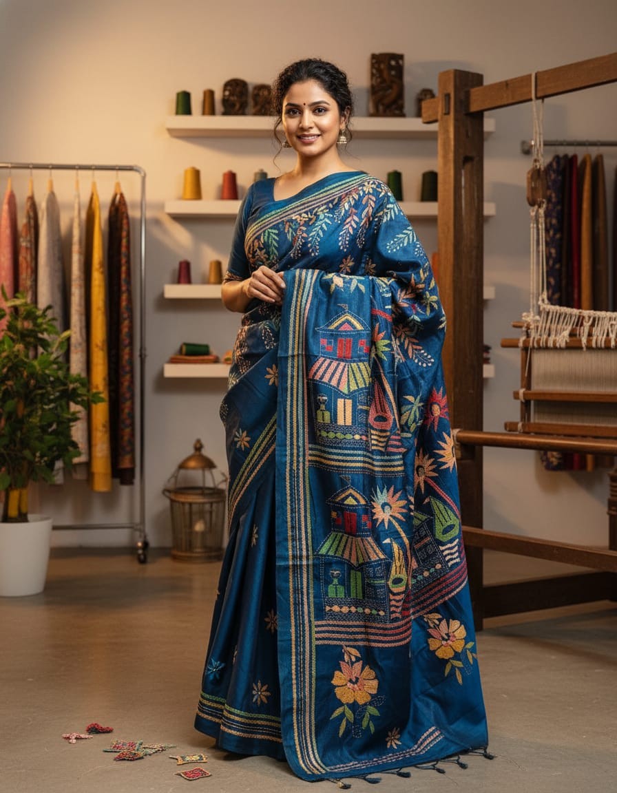 Deep Teal Threaded Tales Bangalore Silk Kantha Saree