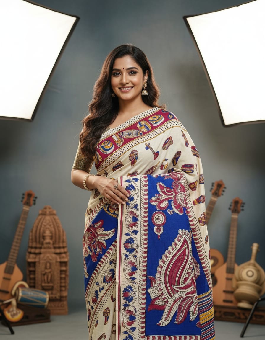 'Vadyarasa' White base with Musical instrument motifs cotton Kalamkari Saree