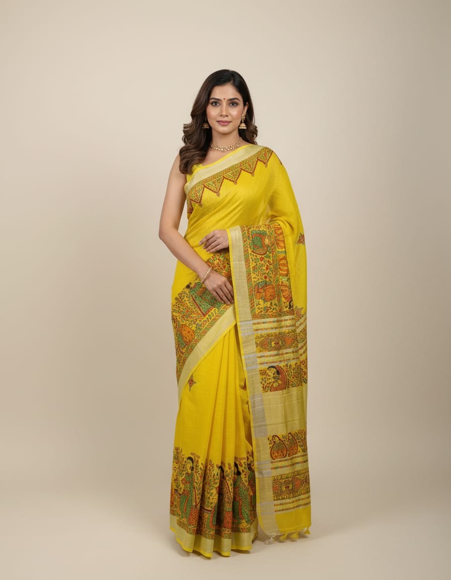'Raasleela' Hand painted Madhubani Blend Saree