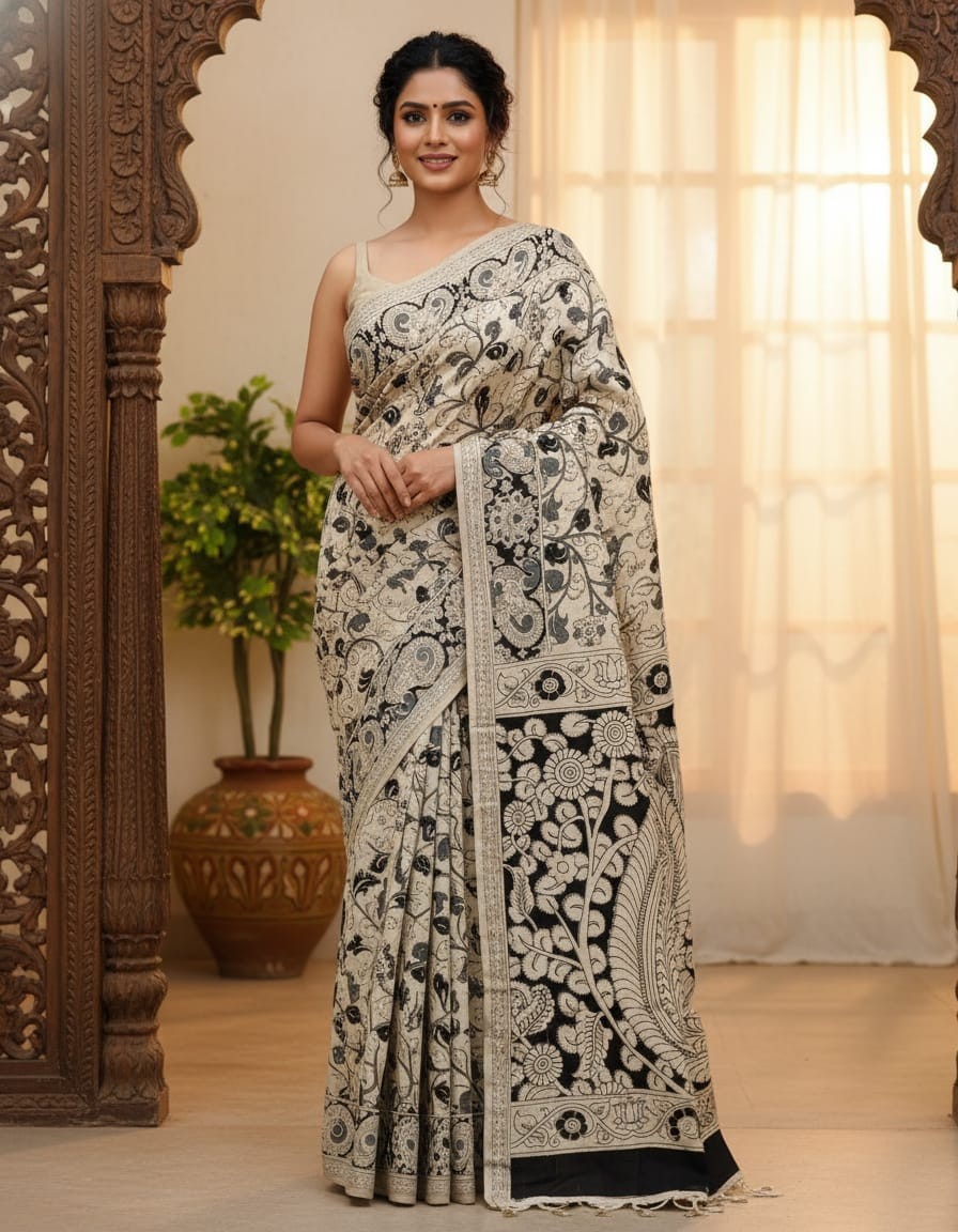 'Vanashri' Off White canvas cotton Kalamkari Saree